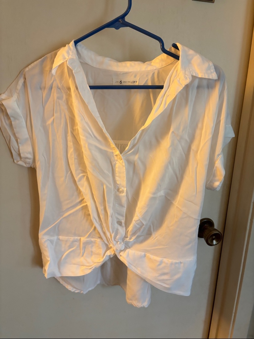 LOFT White Short Sleeve Tie-Front Blouse